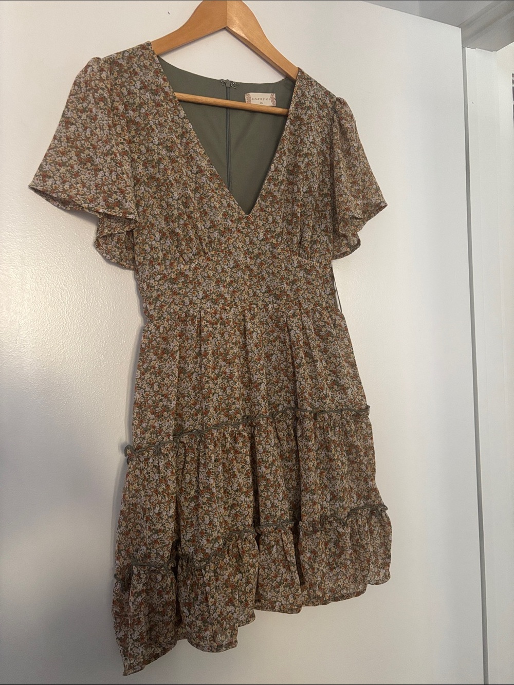 Altar'd State Olive Floral V-Neck Tiered Mini Dress